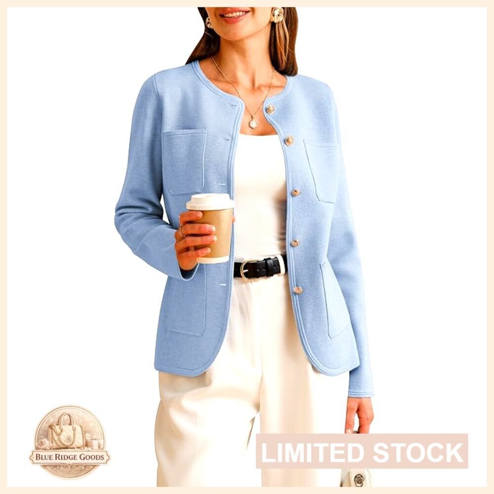 Wool Blend Blazer Collarless Classic Business Casual Jacket with Pockets